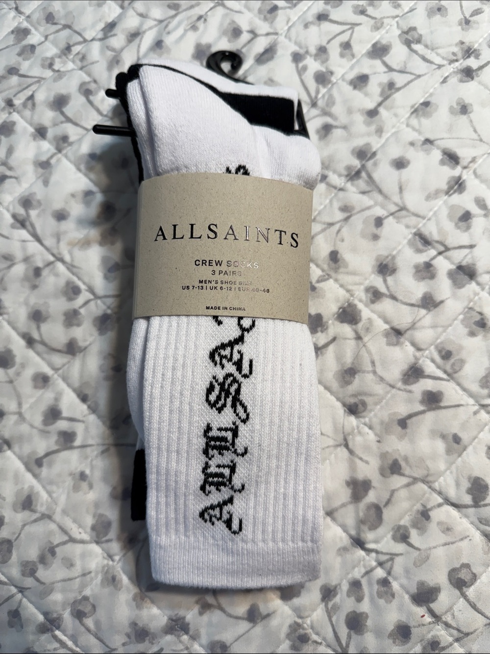 AllSaints White Crew Socks with Black Logo Accents - 3 Pack - Picture 1 of 5